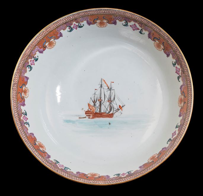 Chinese export porcelain famille rose punchbowl with hunting scenes and a ship to the interior | MasterArt